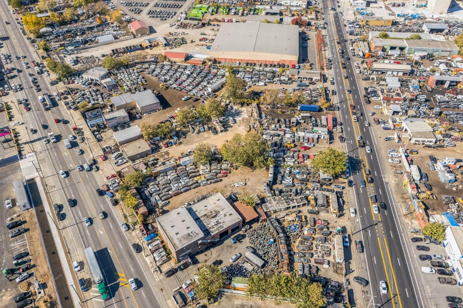 Aerial view of an industrial area, roadways.